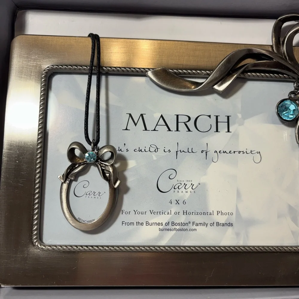 Aquamarine Birthstone Picture Frame  With Photo Necklace March Czech Crystal